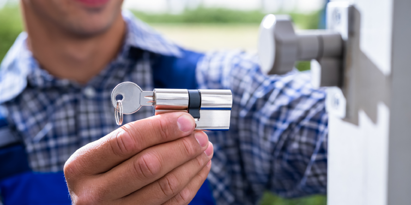 Professional Locksmith replacing a Euro Cylinder on a door.